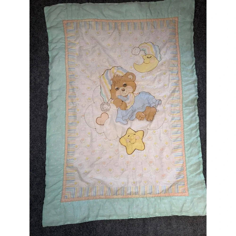 Vintage Teddy Beddy Bear Baby Blanket Quilt Mint Green Star Moon Pastel 45x32